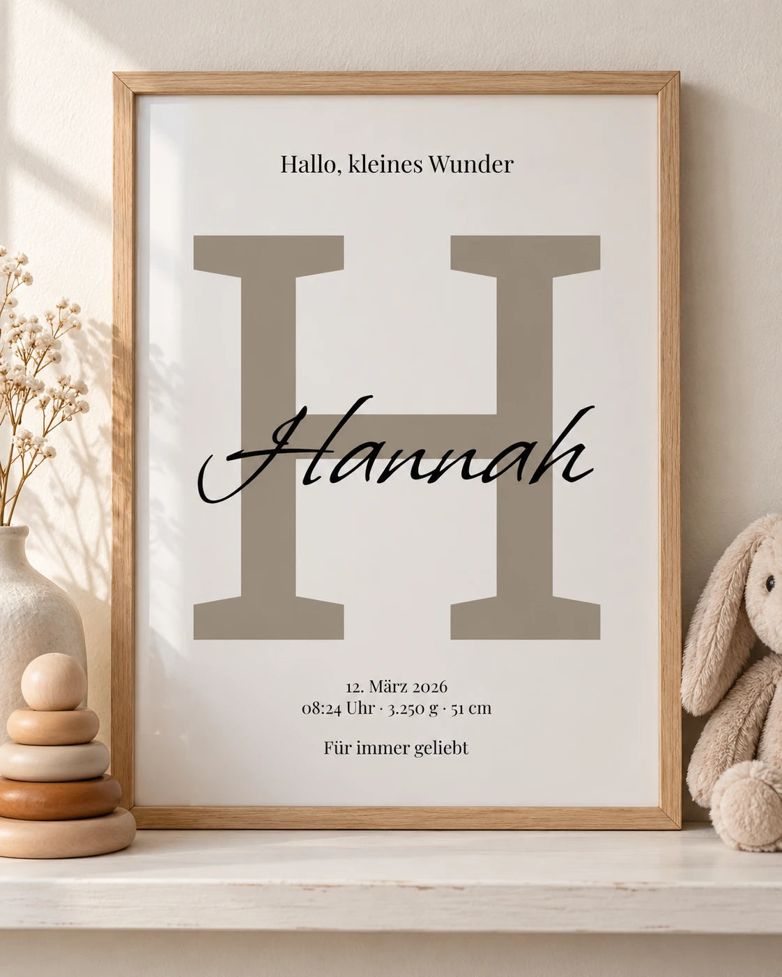 Namensposter Hannah im Naturrahmen auf einer hellen Kommode
