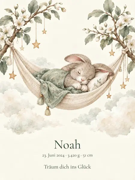 Personalisiertes Geburtsposter mit schlafendem Hasen und Namen Noah