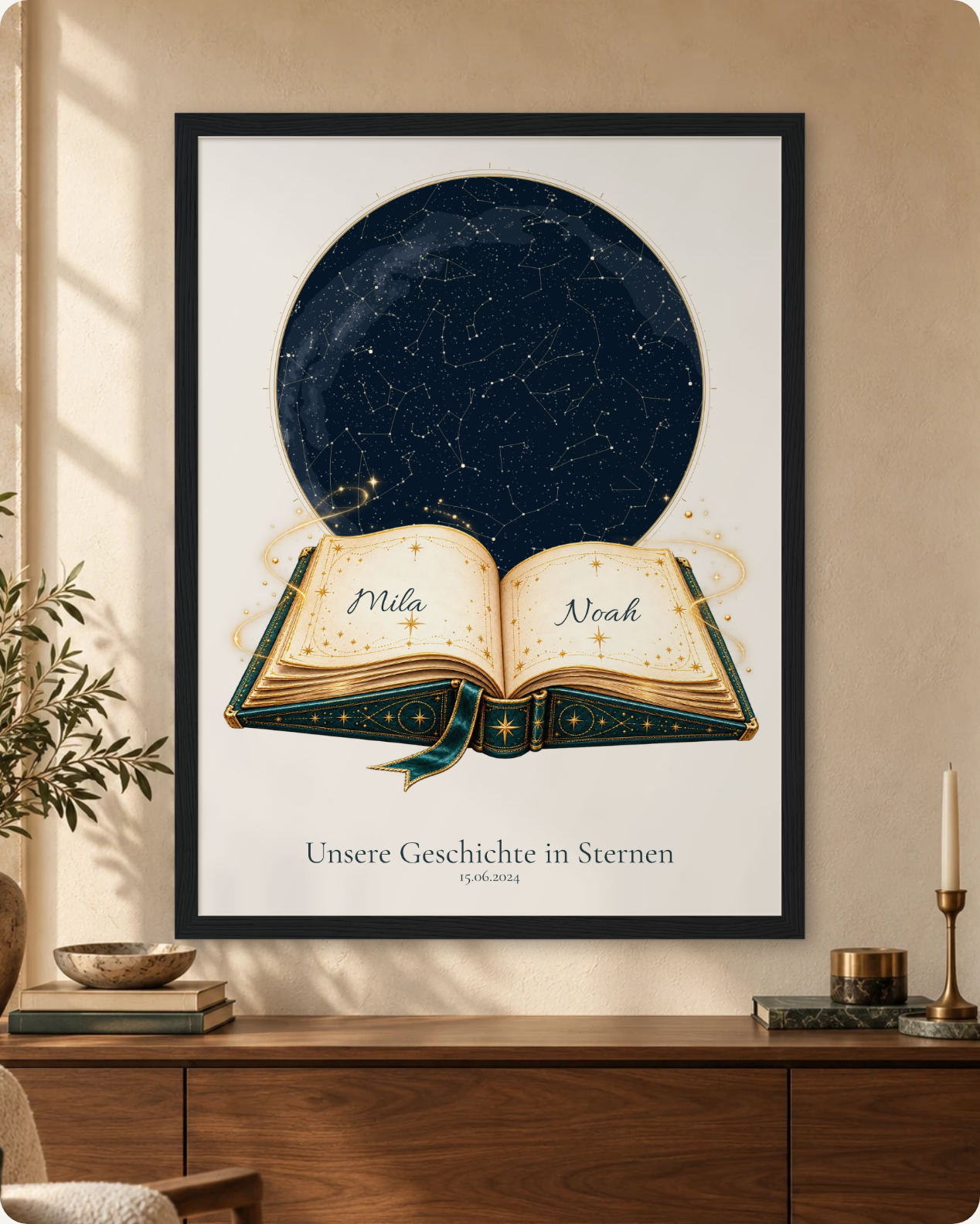 Wohnbeispiel: Geschichten aus Sternen – personalisierte Sternkarte mit Buch